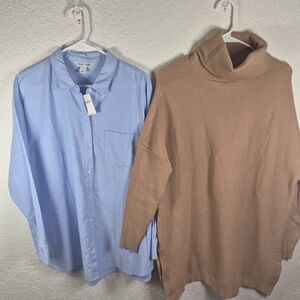 Blue Button-Up Shirt and Tan Turtleneck Sweater
